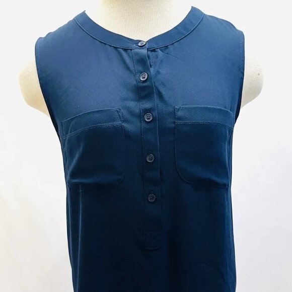 LOFT Women Sleeveless Pullover Partial Button Down High Neck Blue Shirt Sz Small - Picture 1 of 14